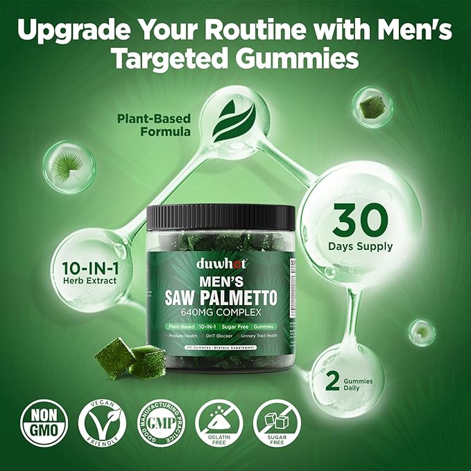 Saw Palmetto Gummies for Men, Organic Saw Palmetto with Pumpkin Seed Oil for Men Overall Health, Enhanced with Pygeum, Nettle, Sugar-Free, Vegan, 60 Chewables