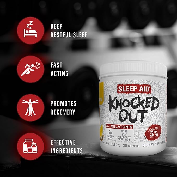 5% Nutrition Rich Piana Knocked Out Natural Sleep Aid Powder | Post-Workout Recovery & Deep Sleep Supplement | GABA, Melatonin, Chamomile, Tyrosine, 5-HTP, & More | 30 Servings (Honey Lemon Tea)