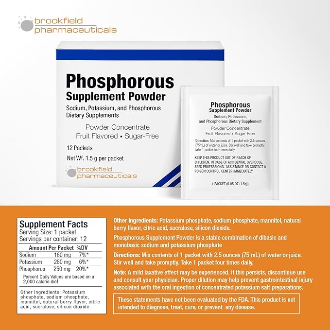 Phosphorus Supplements 12 Packets, Dietary Supplements Powder with Sodium Phosphate and Potassium Phosphate, Fruit Flavored Phosphorous Supplement Powder for Electrolyte, Bone Health & Kidney Health