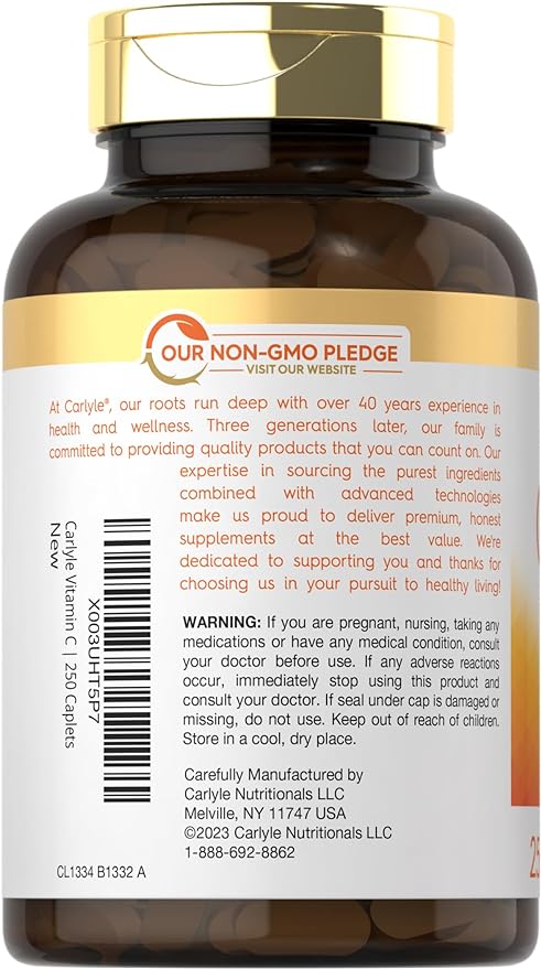 Carlyle Vitamin C 1000mg | with Rose Hips and Citrus Bioflavonoids | 250 Caplets | Vegetarian, Non-GMO, Gluten Free Supplement