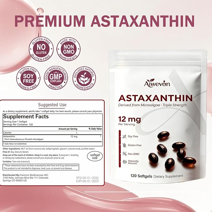 Astaxanthin Supplement 12mg Softgels, Natural Astaxanthin from Microalgae with MCT Oil for Absorption, Powerful Antioxidant Support for Skin Eye Heart Joint Health, Non-GMO Gluten Free, 120 Softgels