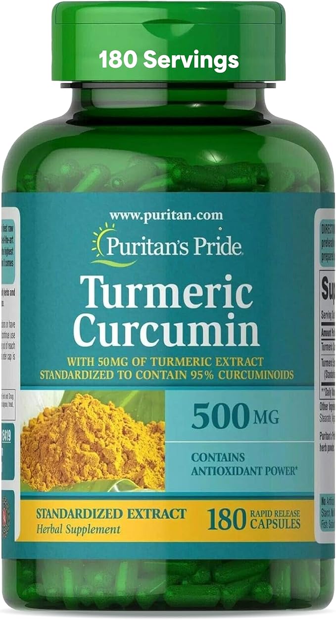 Puritan's Pride Turmeric Curcumin 500mg, Standarized to 95% Cucuminoids, Herbal Dietary Supplement for Antioxidant Health, 180 Radpid Release Capsules