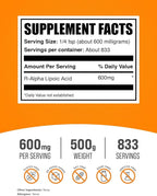 BulkSupplements.com R-Alpha Lipoic Acid Powder - R-ALA Supplement, R Alpha Lipoic Acid 200mg - Antioxidants Supplement, Gluten Free, 200mg per Serving, 500g (1.1 lbs) (Pack of 1)