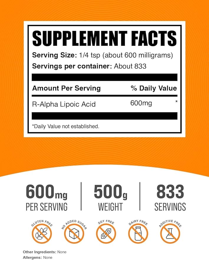BulkSupplements.com R-Alpha Lipoic Acid Powder - R-ALA Supplement, R Alpha Lipoic Acid 200mg - Antioxidants Supplement, Gluten Free, 200mg per Serving, 500g (1.1 lbs) (Pack of 1)