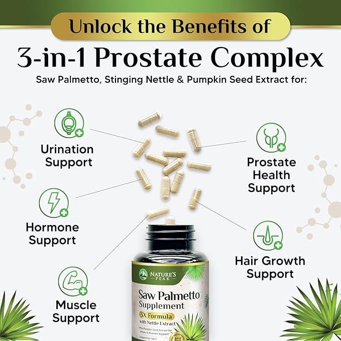 Saw Palmetto Prostate Health Supplements for Men 1000mg - 3X Strength with Pumpkin Seed, DHT Blocker Urinary Health and Prostate Support for Mens Health, Vegan, Non-GMO, Bottled in USA - 120 Capsules