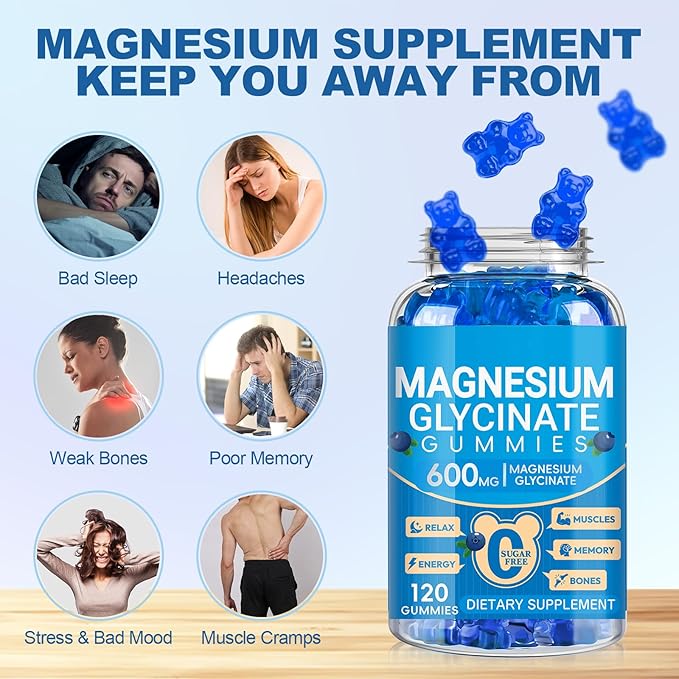 Magnesium Glycinate Gummies 600mg, Chewable Sugar Free Potassium Magnesium Gummies for Sleep, Body Support and Relaxation, Magnesium Supplements with Vitamin D, B6, and CoQ10 for Men & Women