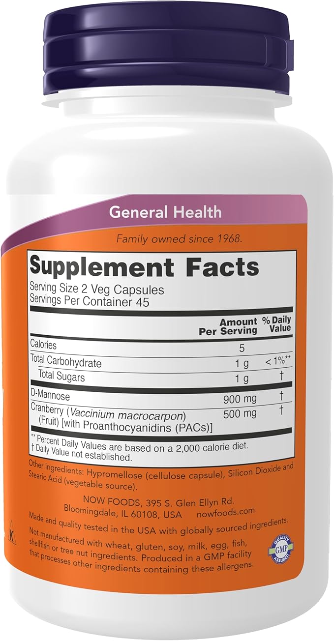 NOW Foods Supplements, Mannose Cranberry, Dual Action Formula*, Clinically Evaluated, Urinary Tract Health*, 90 Veg Capsules