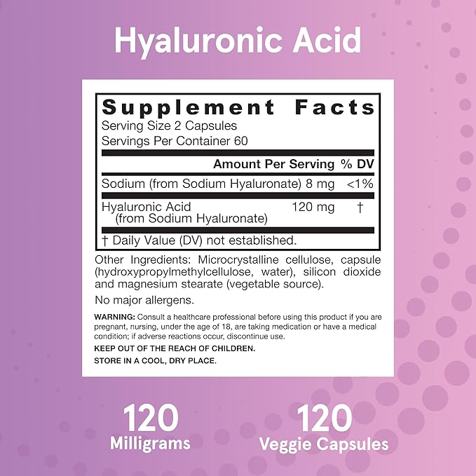 Jarrow Formulas Hyaluronic Acid 120 mg, Dietary Supplement, Skin Health Support, 120 Veggie Capsules, Up to 60 Day Supply, Pack of 12