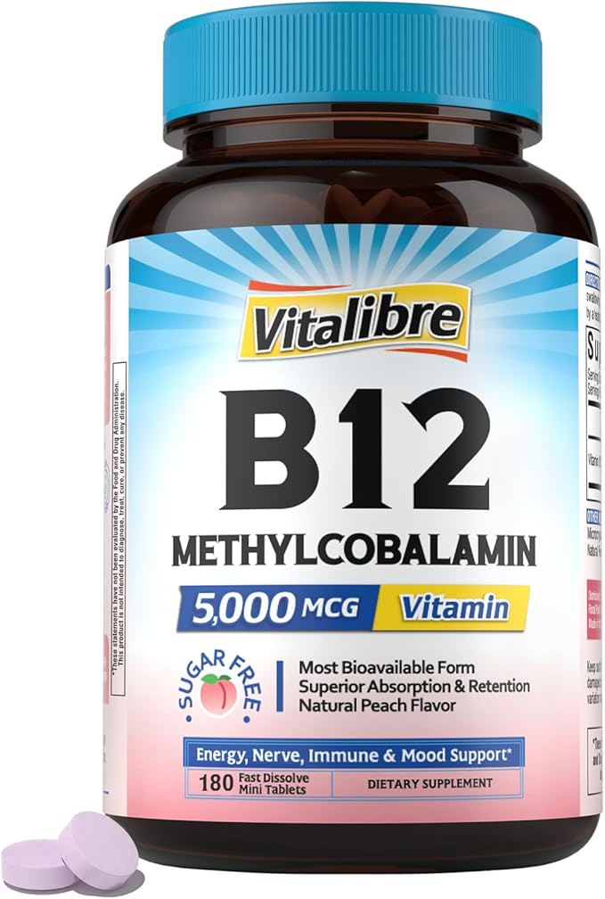 Vitalibre Vitamin B12 Sublingual 5000 mcg, Methylcobalamin, Bioactive Form, High Absorption, Vegan, Nerve, Energy, Immune, Mood Support, Natural Peach Flavor, 180 Fast Dissolve Mini Tablets, No Sugar