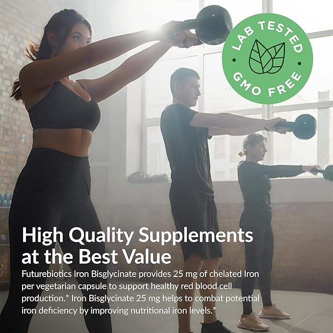 Futurebiotics Iron Bisglycinate 25mg Gentle on The Stomach, Supports Energy & Healthy Red Blood Cell Production - Non-Constipating Formula - Non GMO, 180 Vegetarian Capsules