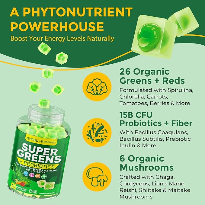 2 PACK Organic Super Greens Daily Superfood Gummies + Probiotics, Spirulina, Chlorella Spinach Broccoli, Prebiotic Fiber, Mushroom -Rich in Vitamins & Antioxidants - Digestive, Focus, Energy, No Sugar