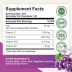 Liquid Iron Supplement for Women, Men & Kids - Liquid Iron Drops with Folate, Vitamin C, B6, B12 for Anemia, Red Blood Cell, Energy Support - Grape Flavor, 2 Fl Oz