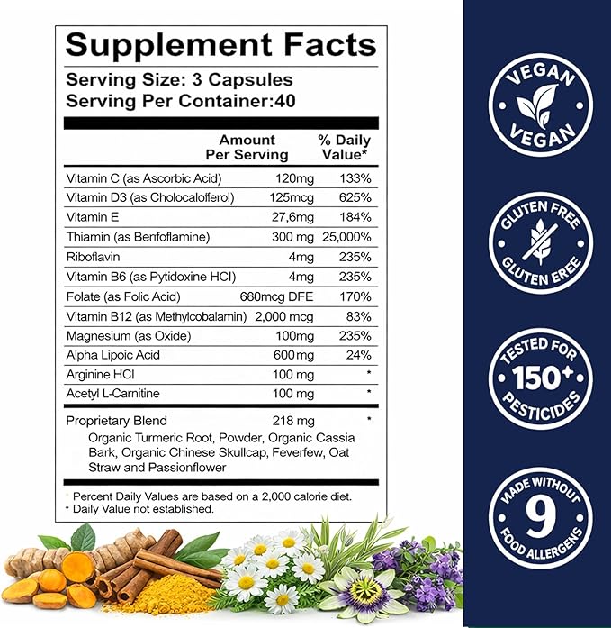 Neuropathy Supplements | Premium Nerve Support for Nerve Health, Regeneration, Cognitive | R-Alpha Lipoic Acid Vitamin B1, B6, B12, Magnesium | 120 Vegan Capsules, 40 Day Supply