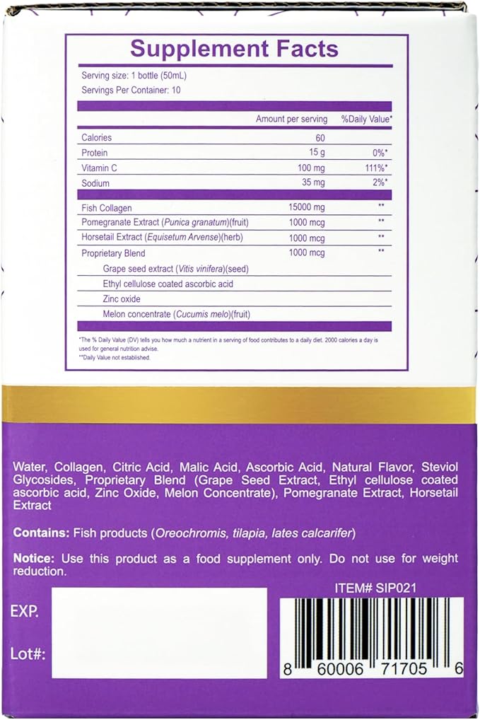 Diamond Collagen Drink -15,000mg Marine Collagen Peptides Liquid Shots for Women & Men, Hydrolyzed with Vitamin C & Pomegranate, Grape Flavor, Supports Skin, Hair & Nail Health-1.69 fl oz x30