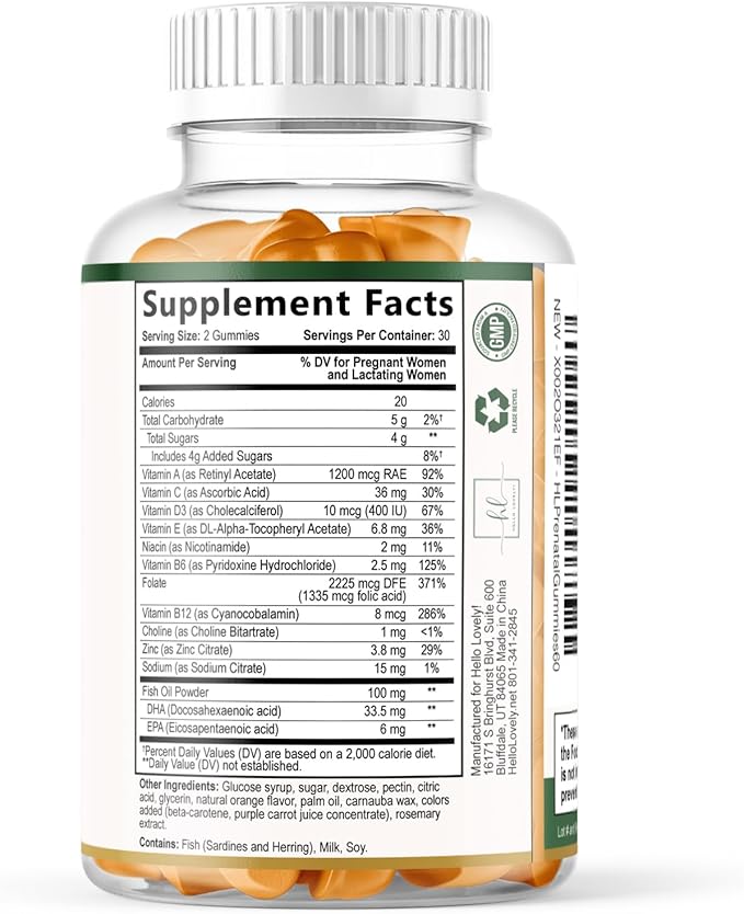 Prenatal Vitamins for Women – Complete Pregnancy Multivitamin - Folic Acid, Omega 3 DHA, Choline, Vitamin D – Essential Support for Mom's & Baby Brain Development - Tasty Orange Flavor - 60 Gummies