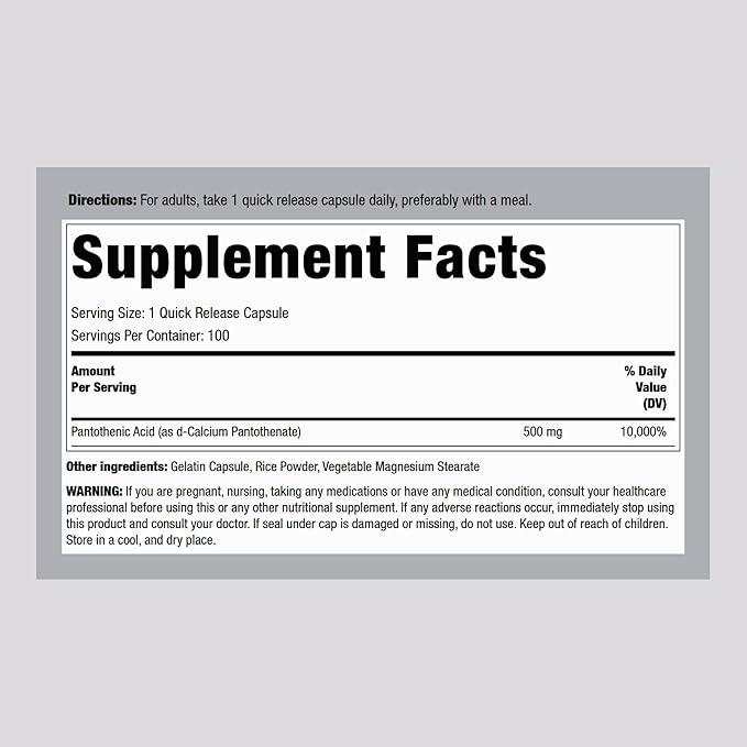 Piping Rock Pantothenic Acid 500mg | 100 Capsules | as Calcium d-Pantothenate | Non-GMO, Gluten Free Supplement
