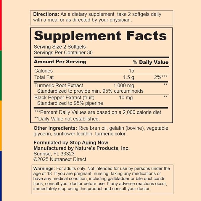 Stop Aging Now - Curcumin2K - Curcumin Supplement - with Black Pepper - 60 Softgels