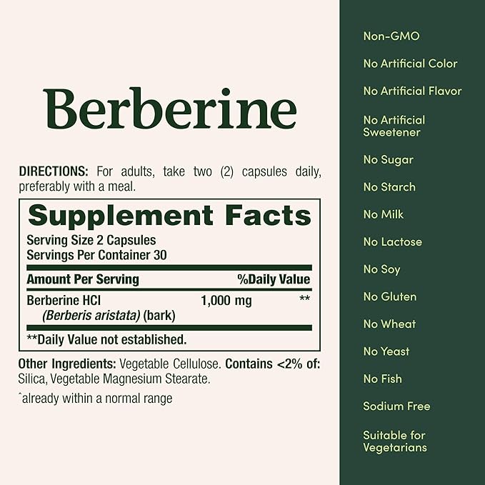 Nature's Bounty Berberine 1000mg Capsules,Supports Heart Health,Cholesterol & Blood Sugar Levels in a Normal Range,Non-GMO Supplement,60 Count (Pack of 2)