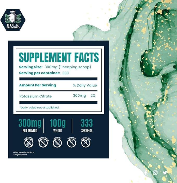 Potassium Citrate Supplement – 100g Pure Powder for Muscle Electrolyte Support – USA Made, Non-GMO & Gluten Free – Potassium Supplement 300mg Per Serving