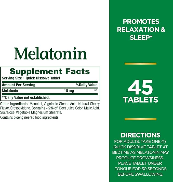 Nature's Bounty Melatonin, 100% Drug Free Sleep Aid, Dietary Supplement, Promotes Relaxation and Sleep Health, 10mg, 45 Quick Dissolve Tablets (Pack of 2)