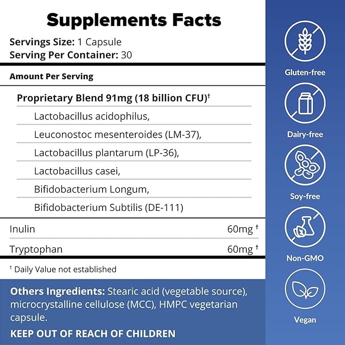 BiotiQuest Simple Slumber Probiotics to Help Improve Sleep Quality and Gut Health, 18 Billion CFU, Non-GMO, and Gluten Free, 30 Capsules