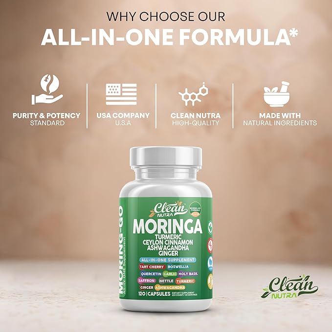 Moringa Powder Capsules + Turmeric Moringa Leaf Ceylon Cinnamon Ashwagandha Ginger Tart Cherry Boswellia Quercetin Garlic Holy Basil Saffron Nettle Black Pepper Moring-Go Supplement By Clean Nutra (2)
