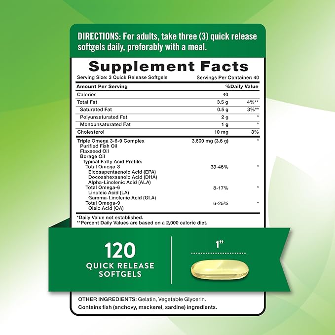 Nature's Truth Omega 3-6-9 Softgels | 3600mg | 120 Count | Fish, Flax, and Borage Oil | Triple Strength | Non-GMO & Gluten Free Supplement