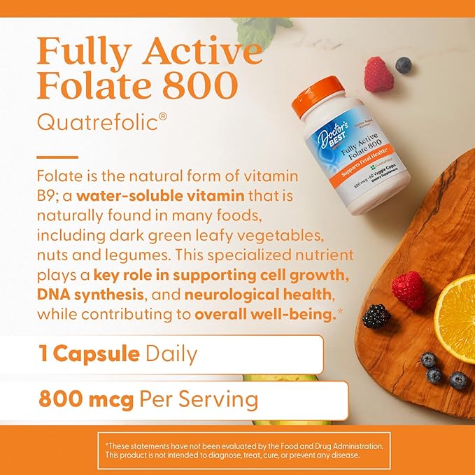 Doctor's Best Folate Supplement 800 mcg for Women & Men - Methylated Folate Capsules 800mcg (5-MTHF), Supports Healthy Fetal Brain Development, Fully Active - 60 Veg Caps