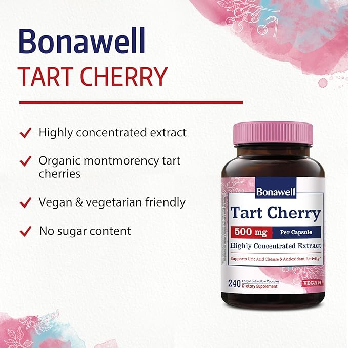 Bonawell Tart Cherry Capsule, 500mg Extract Per Capsule, Made from Montmorency Tart Cherries, Powerful Uric Acid Cleanse, Antioxidant Support, 8 Month Supply, 240 Capsules