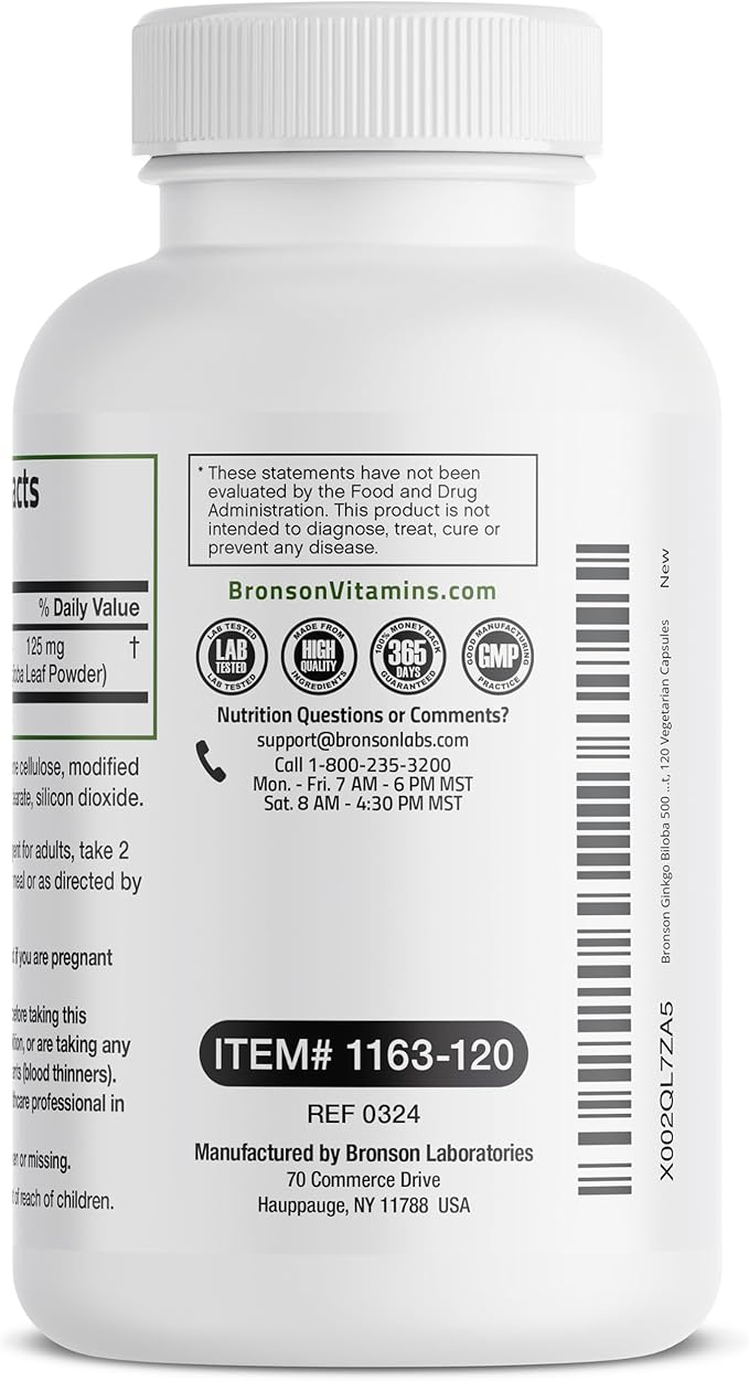 Bronson Ginkgo Biloba Extra Strength Supports Brain Function & Memory Support, 120 Vegetarian Capsules