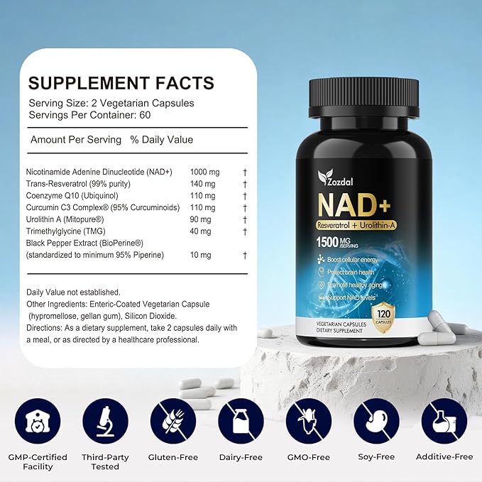 NAD+ Supplement 1500mg - 7-in-1 Liposomal Formula with Urolithin A, CoQ10 & Resveratrol - Cellular Energy, Muscle Health & Healthy Aging Support for Women & Men- 120 Capsules