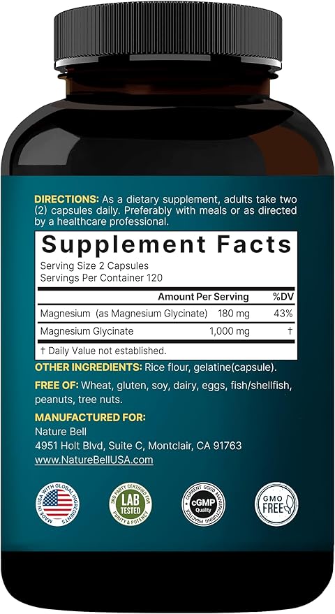NatureBell Magnesium Glycinate 1,000mg, 240 Capsules | 500mg per Capsule | 100% Chelated & Purified | Sleep, Muscle & Nerve Support | Non-GMO, Gluten-Free