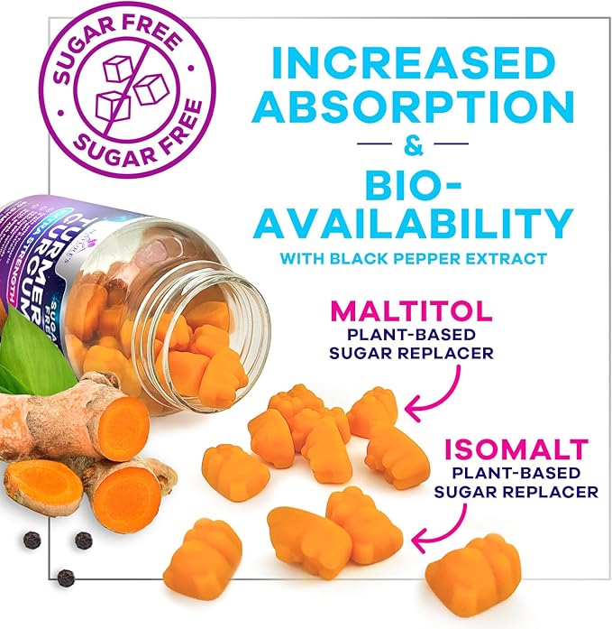 Turmeric Curcumin Gummies Sugar Free Supplement - 95% Curcuminoids with Turmeric & Ginger, Black Pepper for Best Absorption, Nature's Vegan Joint Support, Non-GMO, Tasty Peach Flavor - 60 Gummies