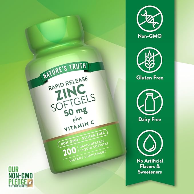 Nature's Truth Zinc 50mg Supplement | with Vitamin C | 200 Liquid Softgels | Non-GMO & Gluten Free
