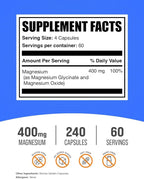 BulkSupplements.com Magnesium Glycinate Capsules - Magnesium Supplement, Highly Absorbed Form - Gluten Free, 4 Capsules per Serving (400mg), 240 Count (Pack of 1)