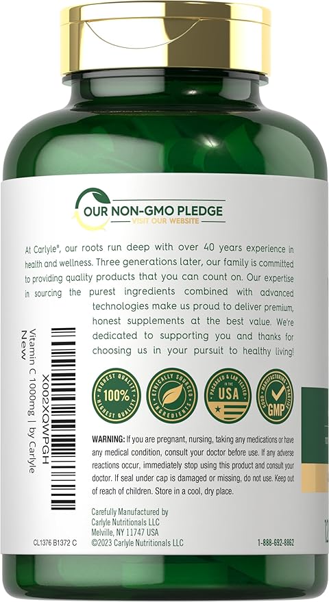 Carlyle Vitamin C 1000mg | Timed Release | 120 Vegetarian Caplets | with Rose Hips | Non-GMO & Gluten Free Supplement