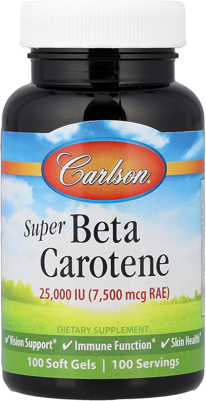 Carlson - Super Beta Carotene, 25000 IU (15 mg), Vitamin A as Beta Carotene, Bioavailable and Bioactive Form, Vision Health, Healthy Skin, 100 Softgels
