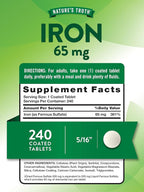 Nature's Truth Iron Tablets 65mg | 240 Count | 325mg Ferrous Sulfate | Vegan, Non-GMO & Gluten Free Supplement