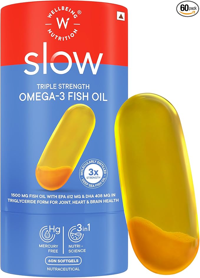 WELLBEING NUTRITION Slow | Extra Virgin Fish Oil 1240mg Omega-3 | EPA, DHA & Curcumin in Advanced Triple Strength 1250mg Fish Oil |Brain, Heart, Joints, Vision & Immunity for Men & Women(60 Capsules)