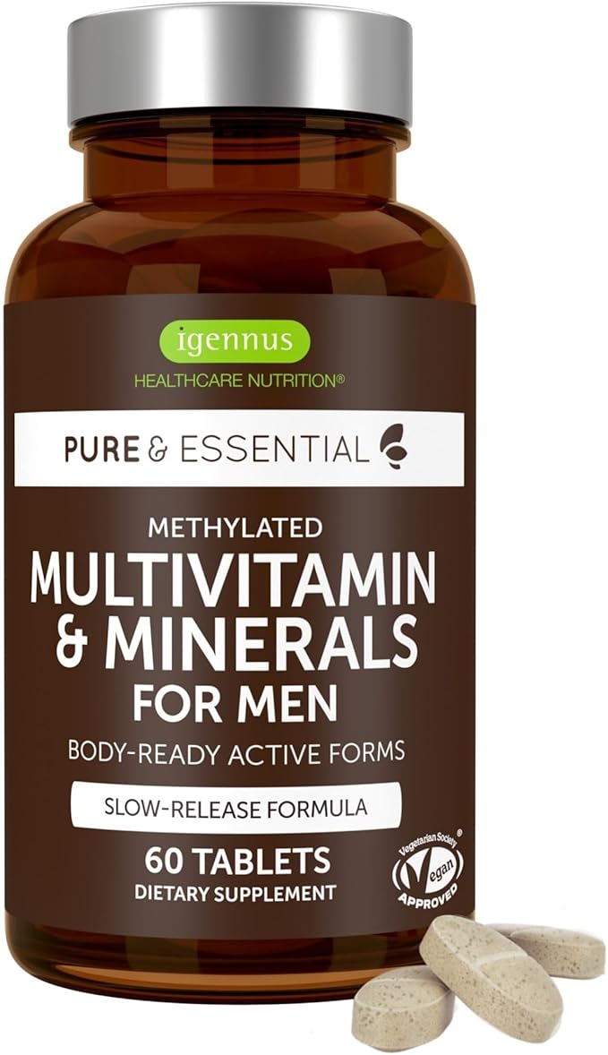 Igennus Methylated Men's Multivitamin with 22 Actives, Added Lycopene for Antioxidant Support, High Potency B12, Sustained Release, Pure & Clean, Non-GMO & Halal, 60 Tablets