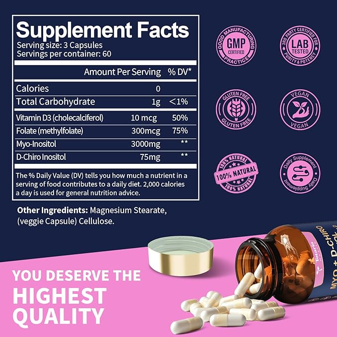 Totaria Inositol Supplement for Women with Vitamin D3, Folate, 40:1 Ratio Myo-Inositol & D-Chiro Inositol Complex, (Vitamin B8) Inositol Capsules, 180 Capsules, 60 Servings, 2 Month Supply