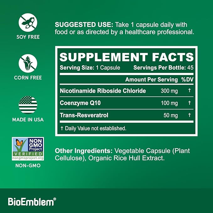 BioEmblem NAD+ Supplement | 300 mg Nicotinamide Riboside with CoQ10 & Resveratrol | Supports Healthy Aging, Cellular Energy and Cognitive Function | Non-GMO, Gluten Free - 45 Capsules