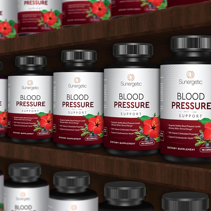 Sunergetic Premium Blood Pressure Support Supplement for Cardiovascular & Heart Health with Garlic, Hawthorn & Hibiscus (180 Capsules)