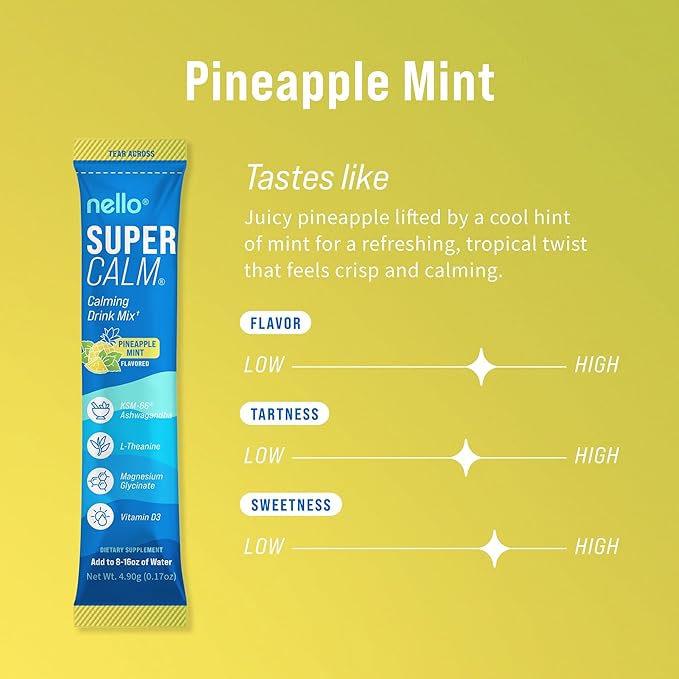 Nello Supercalm Powdered Drink Mix, Cortisol Reducer* and Sleep Aid Supplement, L Theanine, Ksm-66 Ashwagandha, Magnesium Glycinate, Vitamin D 3, No Sugar, Non GMO, On The Go, 20 Ct, Pineapple Mint
