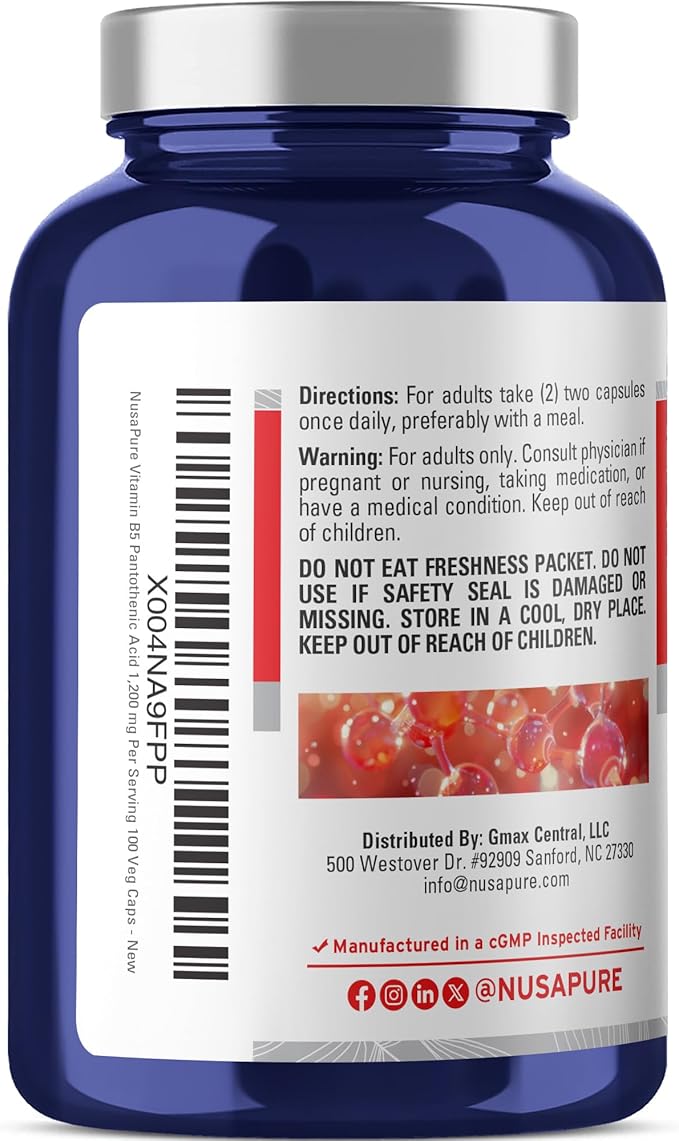NusaPure Vitamin B5 Pantothenic Acid 1,200mg Per Serving 100 Caps Vegetarians Vegans, Non-GMO Dietary Supplement