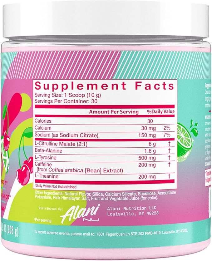 Alani Nu Pre Workout Powder Cherry Twist, Amino Energy Boost, Endurance Supplement, Sugar Free, 200mg Caffeine, L-Theanine, Beta-Alanine, L-Citrulline, 30 Servings