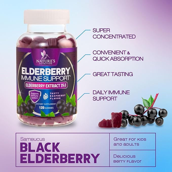 Elderberry Immune Support Gummies - Elderberry Extract Sambucus Nigra - Black Elder Berry Vitamin Supplement - Natural, Daily Immune Support Kids & Adults Love - Delicious Berry Flavor - 120 Gummies
