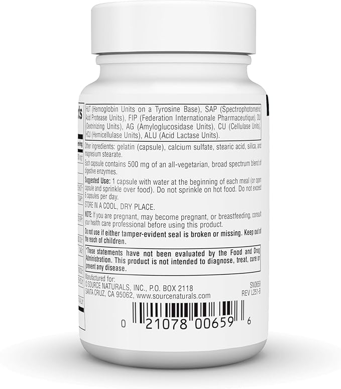 Source Naturals Essential Enzymes, Bio-Aligned Multiple Enzyme Supplement Herbal Defense for Digestion, Gas, Constipation & Bloating Relief - Supports A Strong Immune System* - 500mg - 60 Capsules