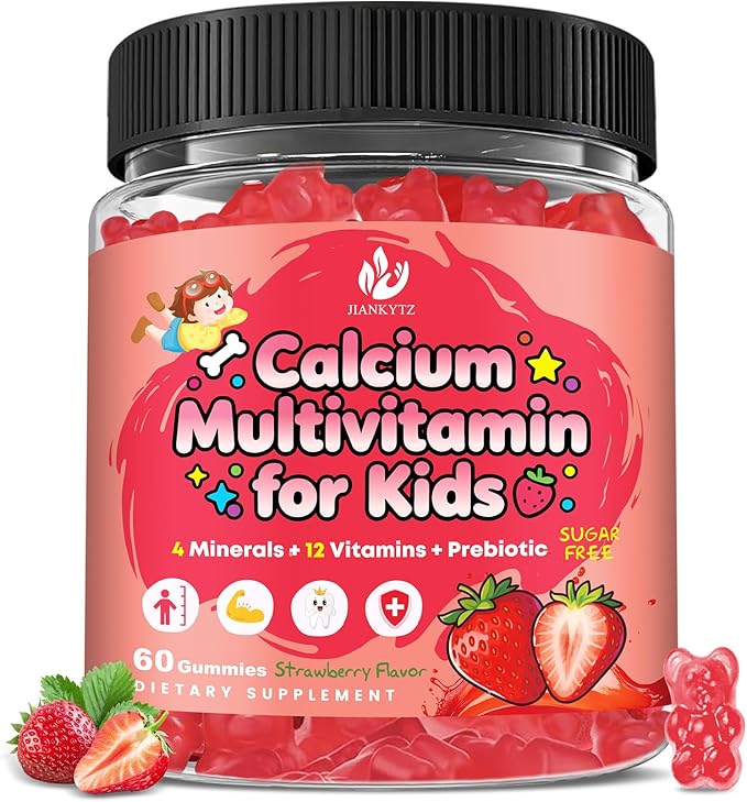 Sugar Free Calcium Multivitamin Gummies for Kids with Methyl B12 & Methylfolate, Calcium, Vitamins C, D, A, B1, B2, B6, Biotin, Magnesium, Zinc, with Nutritional, Immune, Bone Support, 60 Ct
