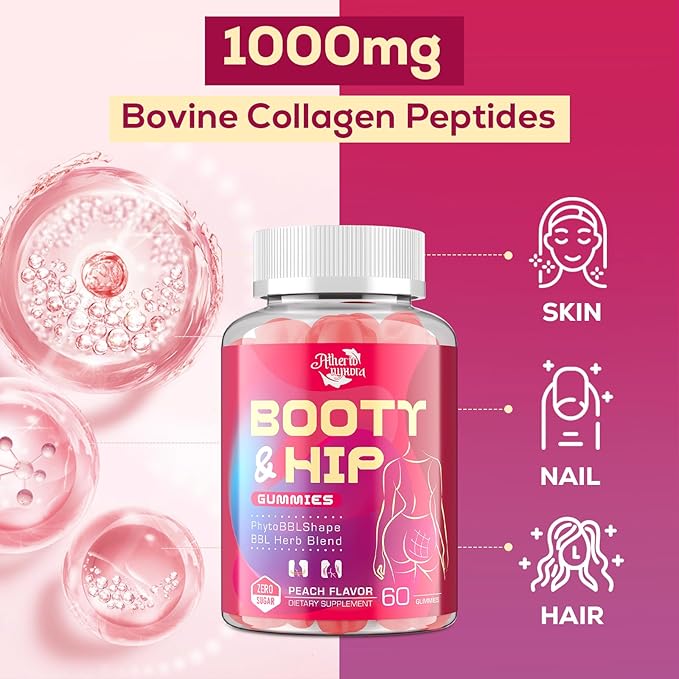 Booty Gummies for Women - BBL Gummies with Bovine Collagen Peptides - Herbal Blend with Aguaje, Fenugreek, Kwao Krua, Wild Yam, Blessed Thistle, Vitamin C & Zinc - Delicious Peach Flavor